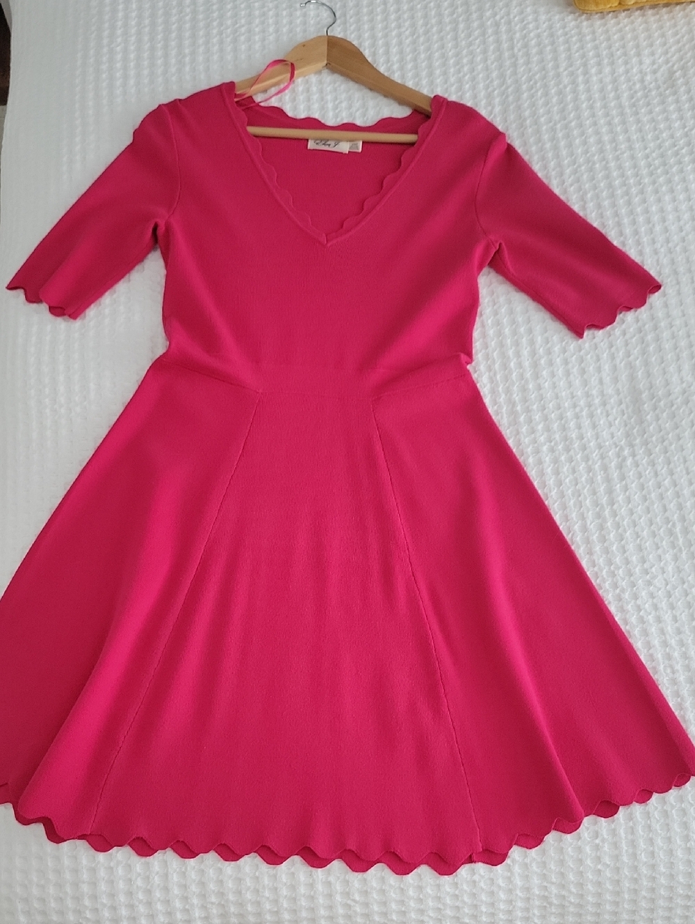 Eliza J Fit & Flare Sweater Dress in Bright Pink, With Scalloped Edges
